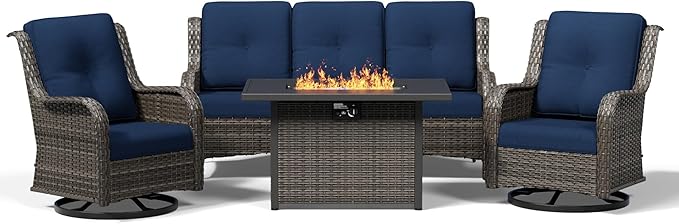 Joyside 4 Piece Wicker Patio Furniture Set with Fire Pit Table, Outdoor Swivel Rocker Patio Chairs with High Back, Deep Seating, Wide Armrest, Thickened Cushions, Outdoor Furniture for Deck, Porch Use