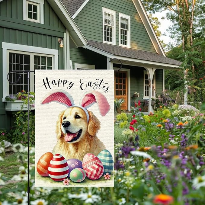 Happy Easter Garden Flag Dog Spring Seasonal Eggs Sign Yard Holiday Outdoor 12x18 Inch Small Burlap Double Sided Garden flags Decorations