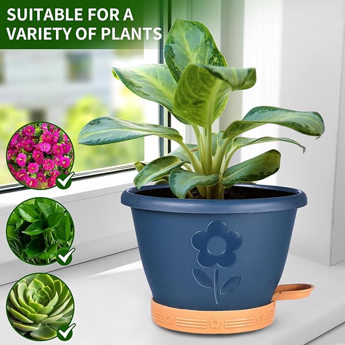 XMPBFYH Plant Pots, Flower Pots for Indoor/Outdoor Plants, Self Watering Plastic Planters Pots with Drainage Holes, Saucer & Reservoir, Decorative Nursery Planting Pots(10 Inch Set of 4)