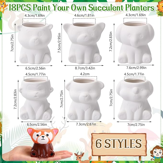 Leitee 18 Pcs Paint Your Own Ceramic Pot Bulk Fall Succulent Pots Ready to Paint Small Pot Mini Succulent Planters Pottery Painting for Spring Valentine Easter Craft(Cute Animals)