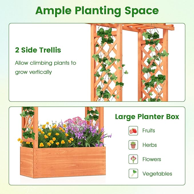 HAPPYGRILL Raised Garden Bed with Trellis, 2 Pack Wood Elevated Garden Bed with Hanging Roof, Planter Box, Drainage Holes for Climbing Plants, Flowers, Vegetables, 31" L x 14" W x 60" H