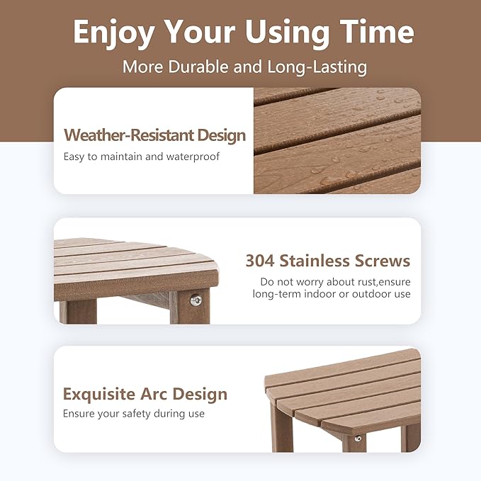 4 Chairs & 2 Tables Folding Adirondack Chair Set with Table – HDPE Weatherproof Outdoor Patio Chairs with Reclining Back and Cup Holders, 2-Tier Storage End Tables for Firepit Garden(Brown)