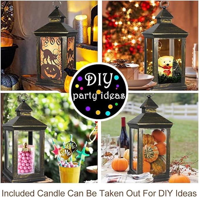 Bright Zeal 14" Tall Vintage Decorative Lantern with LED Pillar Candle (Distressed Gold) - Outdoor Lights Decorative Hanging - Battery Lantern with Timer - Vintage Candle Light