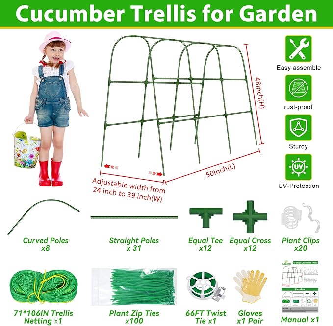 Cucumber Trellis for Raised Bed, 50''x48'' U-Shape Garden Trellis for Climbing Plants Outdoor, Metal Arch Plant Support, Vegetables Trellis for Squash Grape Pea Bean Vines Flower