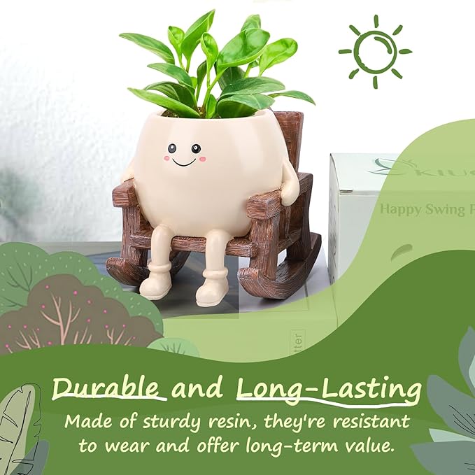 KIUGCO Smily Face Planter Pot, Cute Resin Flower Head Planters for Indoor Outdoor, Unique Sitting Rocking Chairs Succulent Pots, Cute Plant Gifts for Plant Lovers