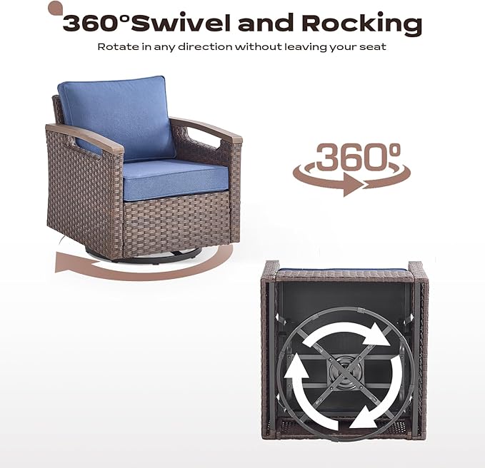 Rilyson 4 Piece Outdoor Patio Swivel Rocking Chairs, All Weather Wicker, Metal Armrest, Deep Seating, Thick Comfortable Cushions, Ideal for Deck Porch Backyard, Brown/Blue