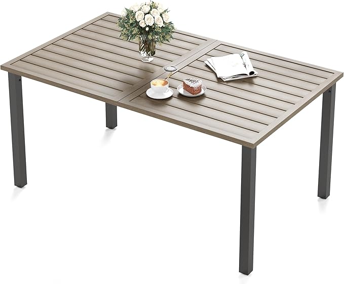 60" Patio Dining Table for 6,Teak Color Rectangle Patio Table with Umbrella Hole,E-Coating and Powder Coating Steel Frame Metal Outdoor Patio Table for Garden Backyard Lawn Yard