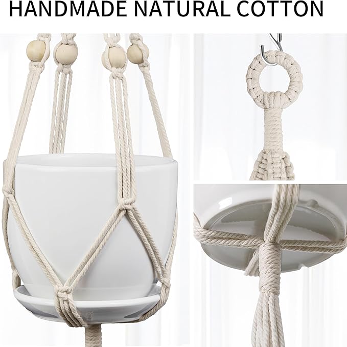 IDEEEPAN Macrame Plant Hanger - Fits 4 to 8 inches Pots for Indoor Outdoor, 49 Inch, Set of 2, Ivory (POTS NOT Included)