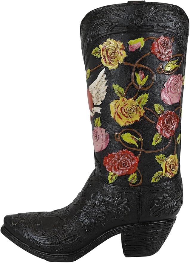 Ebros Gift Rustic Western Black Faux Tooled Leather Cowboy Cowgirl Boot with Colorful Rose Flowers and Angel Winged Heart Decorative Figurine Or Floral Vase Planter Table Countertop Accent
