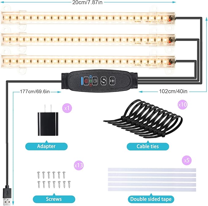 LED Grow Light Strips, Grow Lamps for Indoor Plants Full Spectrum 3000K, 72 LEDs Plant Light with 3/9/12H Timer, 10 Dimmable Levels for Seedling Succulent, 3 Head 7.8 Inches