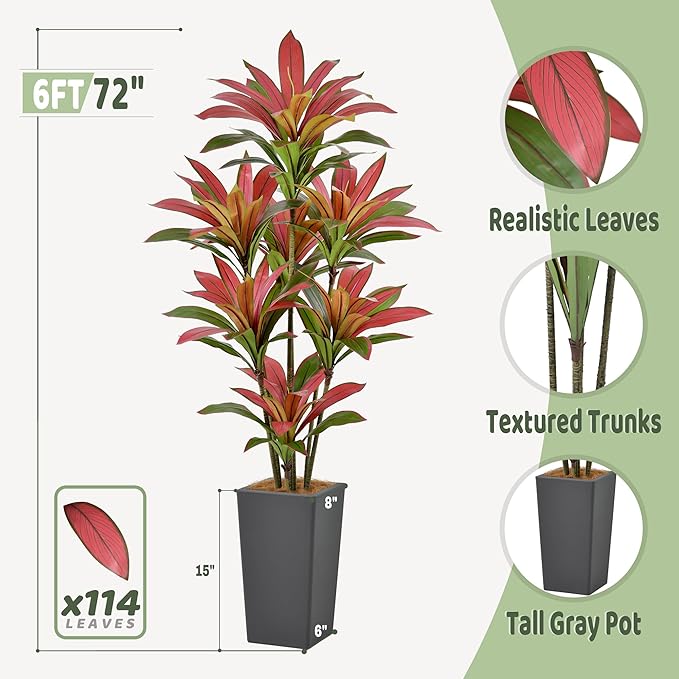 Roselywed Artificial Red Dracaena Tree 6FT with 114 Leaves & 7 Heads & Gray Tall Planter Cover with Coconut Fiber Tall Faux Tropical Silk Bicolor Plant 72 Inch for Indoor Home Office Porch Mall Decor