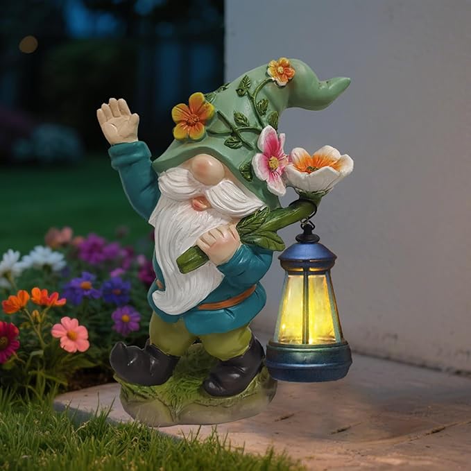 Solar Garden Gnomes Statue - Funny Dwarf Statue Carrying a Solar Lantern on its Shoulder, Outdoor Garden Decor for Yard, Lawn, Patio - Gnomes Figurine Ideal for Holiday Giving
