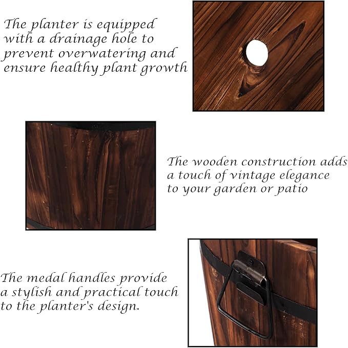 Rustic Wooden Whiskey Barrel Planter with Durable Medal Handles and Drainage Hole - Perfect for Indoor and Outdoor Plants, Herbs, and Vegetables - Large