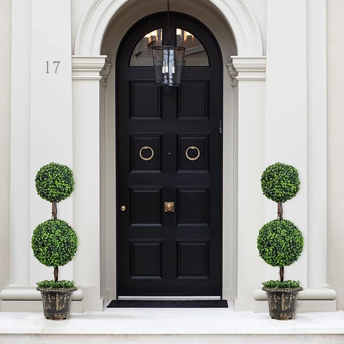 DREAMADE 3ft Boxwood Topiary Tree Artificial for Indoor/Outdoor, Fake Shrub Plant w/Cement-Filled Plastic Pot, Faux Topiary Ball Trees for Front Porch Garden Home Office Wedding Backyard Set of 2