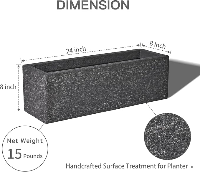 TerraDeco 24 Inch Rectangular Concrete Planter,Durable All-Weather Use with Drainage Holes,Large Rectangular Planter for Outdoor Indoor Plants