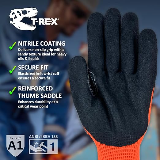 MAGID T-REX Flex Series Impact Gloves with Knuckle & Finger Protection, ANSI A1 Cut Resistant, Size 7/Small, NitriX Grip Work Gloves, 12 Pairs, TRX400