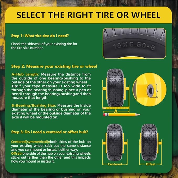 16x6.50-8 tire and wheel Flat Free Assemblies (2 Pack), Lawn Mower Tires with Rim, Solid Rubber Riding Lawn Mower Tires and Wheels,3" Offset Hub,3/4" Bushings,16x6.5-8 Tractor Turf Tire