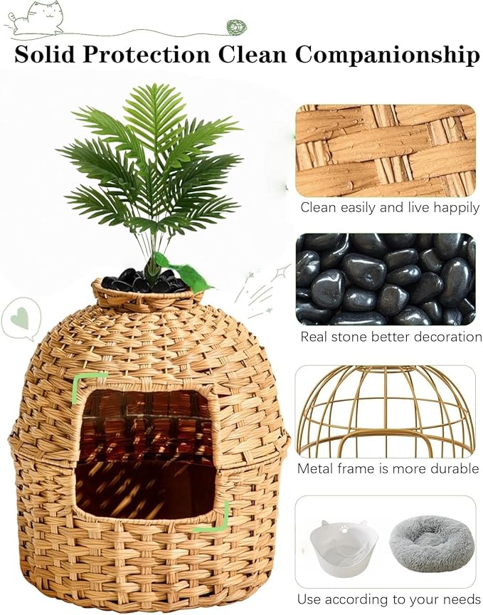 Cat Litter Box Enclosure Furniture with Artificial Plant - Handwoven Rattan Round Planter, Easy Clean, for Living Room, Bedroom, Corner, Natural Decor