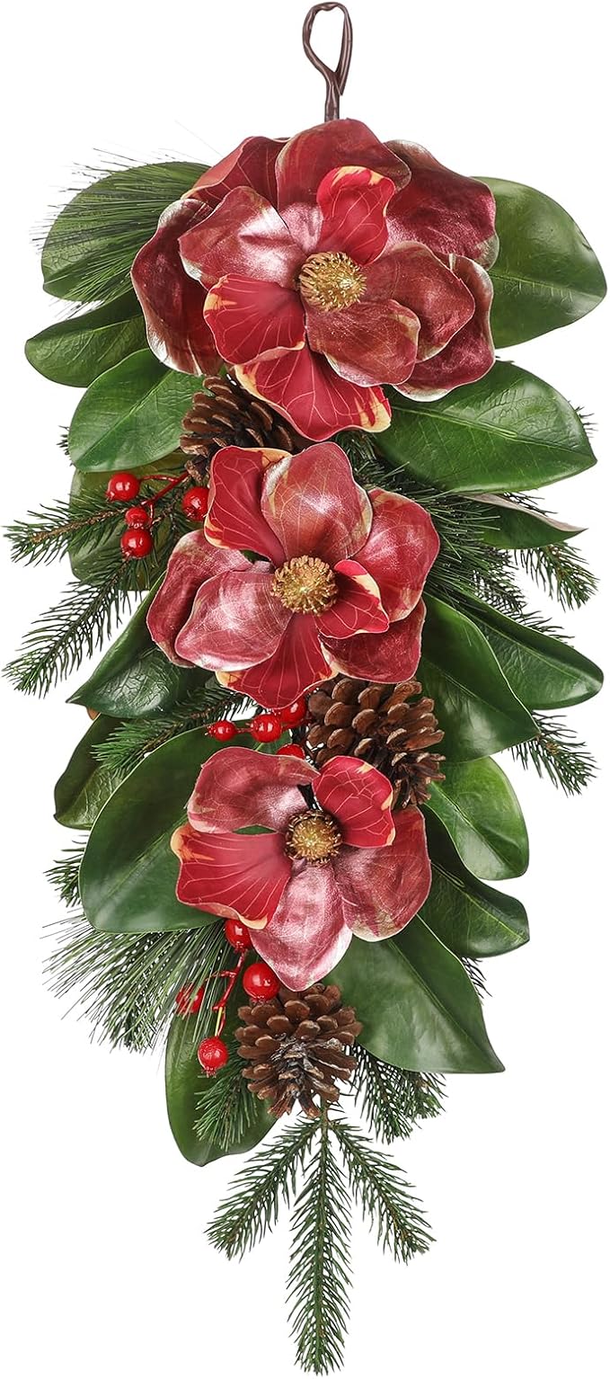 Briful 28.7 Inch Christmas Magnolia Flower Teardrop Swag – Red Magnolia Door Swag with Pine Cones Berries Artificial Christmas Hanging Teardrop for Xmas Home Holiday Front Door Outdoor Porch Decor