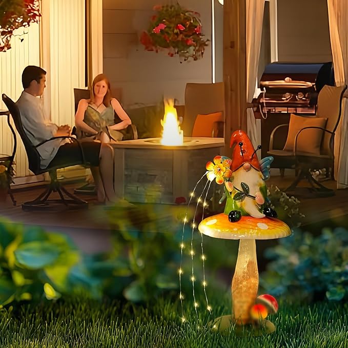 Solar Garden Gnome Figurine, Waterproof Outdoor Mushroom Decor with Solar Outdoor Lights for Yard, Patio, Lawn Ornaments, Ideal Gifts for Mom Grandma Women, Housewarming Gifts-16.5"