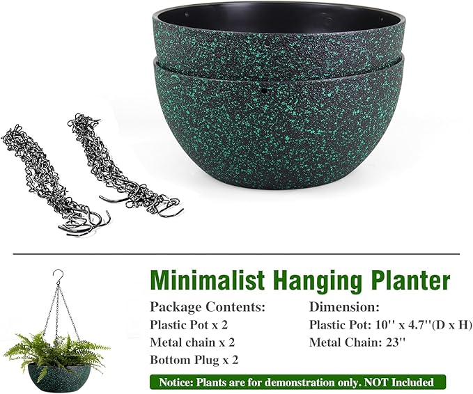WSMKSZ 10inch Hanging Planters for Outdoor Indoor Plants with Drainage Holes and Chain, 2 Pack Round Hanging Flower Pots for Garden Home Porch Decor, Black with Green Speckles