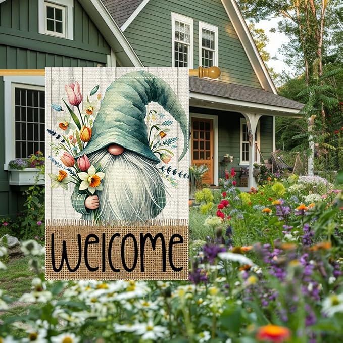 Welcome Spring Garden Flag 28x40 inch Burlap Double Sided Gnome Colorful Floral Small Summer Garden Flags Decorations For Outside Yard Home Outdoor Patio Lawn Decor (RMQ-186, 28"X40")