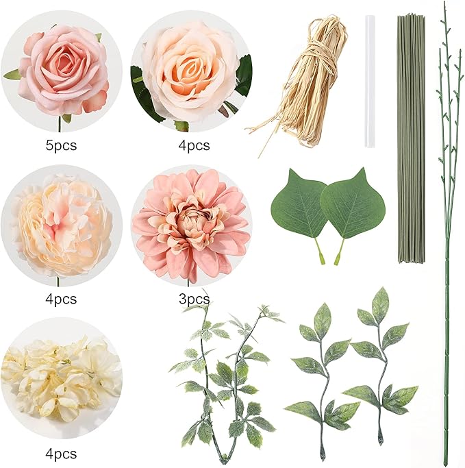 YYHUAWU Artificial Flowers Combo Box Set Gradient Color Flower Leaf with Stems for DIY Wedding Bouquets Centerpieces Baby Shower Party Home Decorations Peach