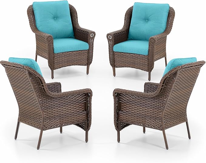 Patio Wicker Chairs Outdoor Furniture Chair - Set of 4 Outside All Weather Lawn Dining Brown Rattan Armchair with High Back&Deep Seating for Deck Porch Balcony Backyard Garden - Turquoise