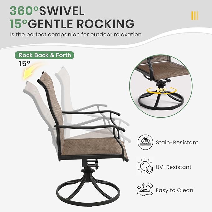 LVUYOYO Patio Swivel Chairs Set of 4, Outdoor Dining Chairs with High Back, All-Weather Rocker Chair with Textilene & Metal Frame for Lawn, Garden, Porch, Backyard (Brown)