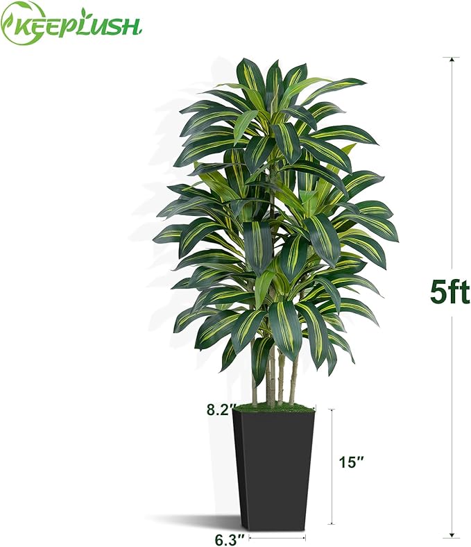 Keeplush 5FT Artificial Dracaena Tree - High-Density Foliage Fake Plant with Black Tall Planter - Faux Yucca Floor Plant for Home Office Decor Indoor