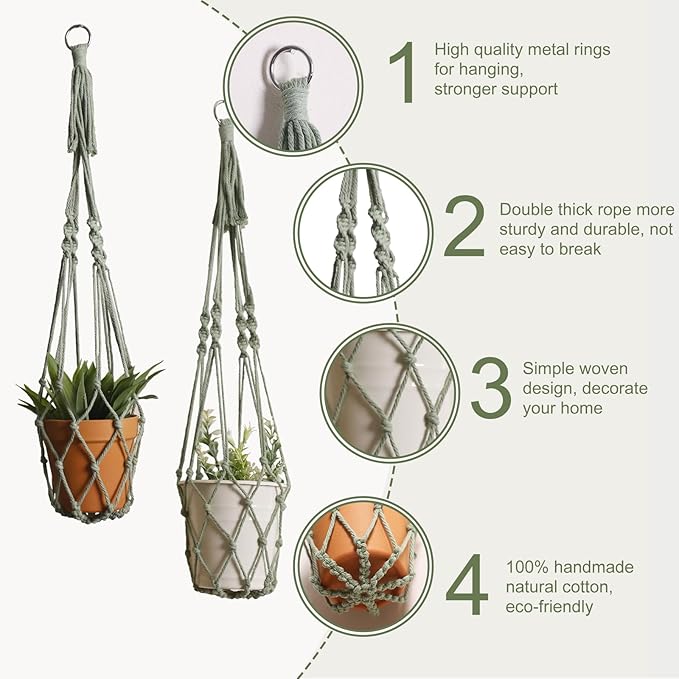 Artilady Macrame Hanging Planter for Indoor Plants, Boho Woven Plant Hanger Large Hanging Flower Pot Holders Outdoor Baskets Storage No Tassels Sage Green Wall Decor (Sage Green)