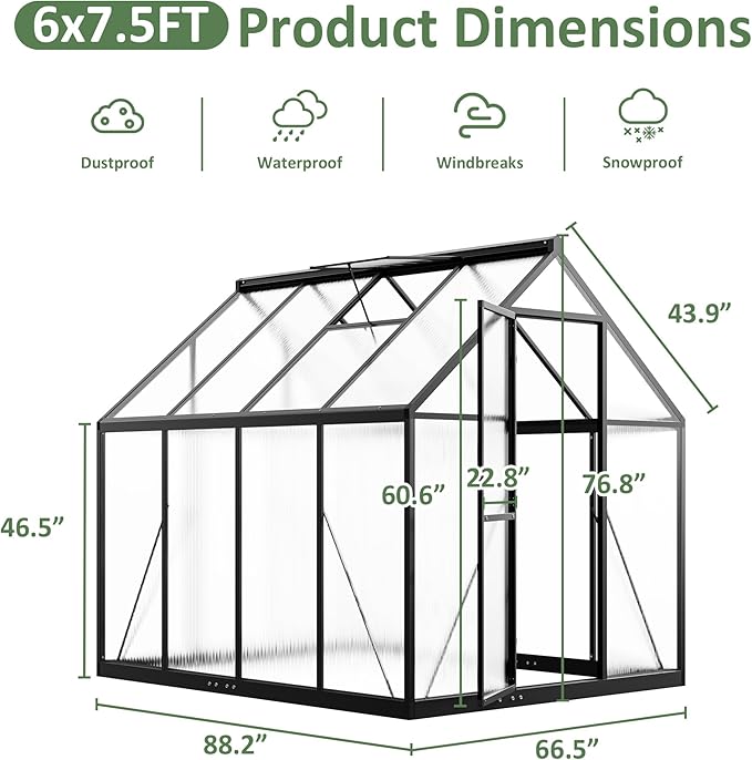 6×7.5 FT Outdoor Polycarbonate Greenhouse, Quick Setup Heavy Duty Greenhouse for Outside with Roof Vent, Large Walk in Green Houses with Lock for Garden Backyard, Black