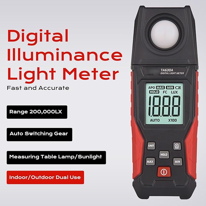 Luocute Digital Illuminance Light Meter, 0.1 to 200000LX Meter with LCD Screen and Data Hold for Photography Plants LED Lights Indoor Outdoor