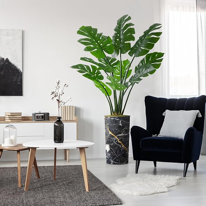 Artificial Tree in Modern Granite Effect Planter, Fake Monstera Silk Tree for Indoor and Outdoor Home Decoration - 65" Overall Tall (Plant Pot Plus Tree)