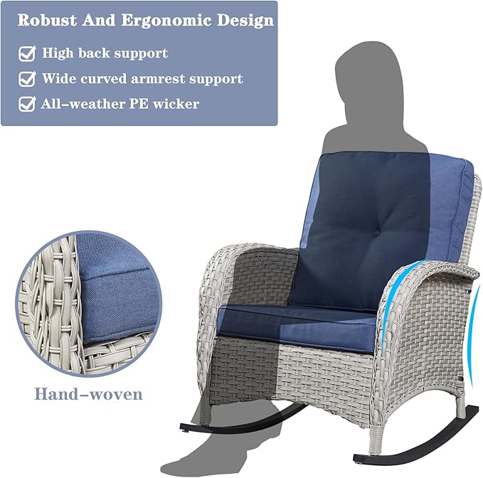 Belord Outdoor Rocking Chairs Set of 2, Wicker Rocker Rocking Chairs for Porch, 3 Pieces Patio Furniture Sets Rocking Bistro Set with Cushions and Side Table