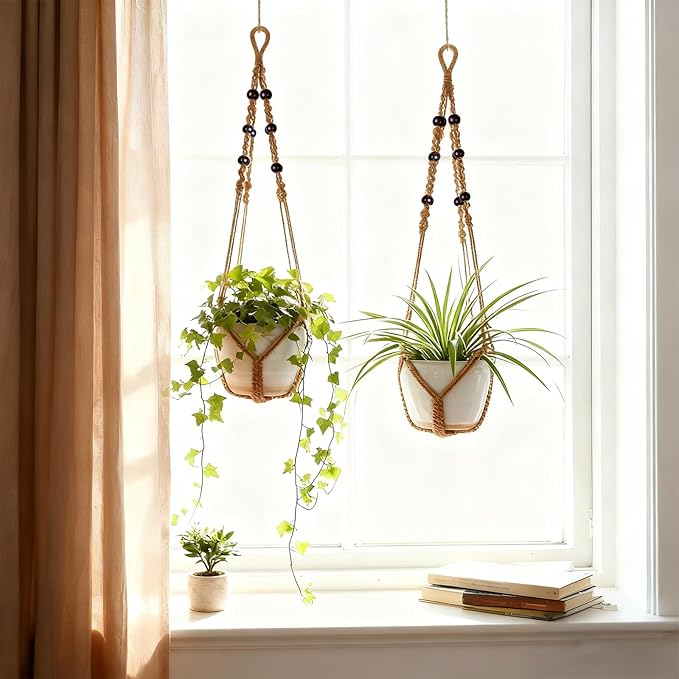 EJGIEGSO Macrame Plant Hanger, Up to 4-15 inch Pots, Wood Beads Cotton Hanging Planter Holder for Indoor Outdoor Boho Home Decor, 35 Inch, Set of 2 (Brown)