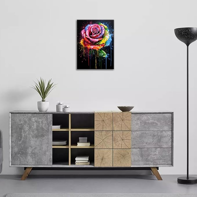 FUNHUA Abstract Rose Flowers Wall Art Colorful Rose Graffiti Canvas Painting Rainbow Flower Bloom Closeup Picture Framed Artwork for Living Room Bathroom Bedroom Home Decorations 12x16inches
