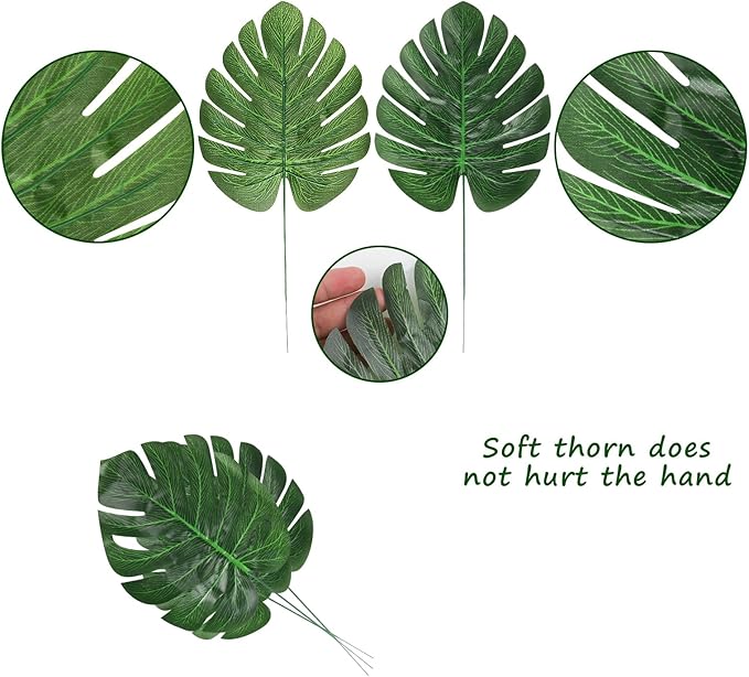 CCINEE 24PCS Green Artificial Palm Leaves, Faux Monstera Leaves Simulation Safari Leaves with Stems for Home Hawaiian Luau Party Jungle Beach Theme Party Decoration
