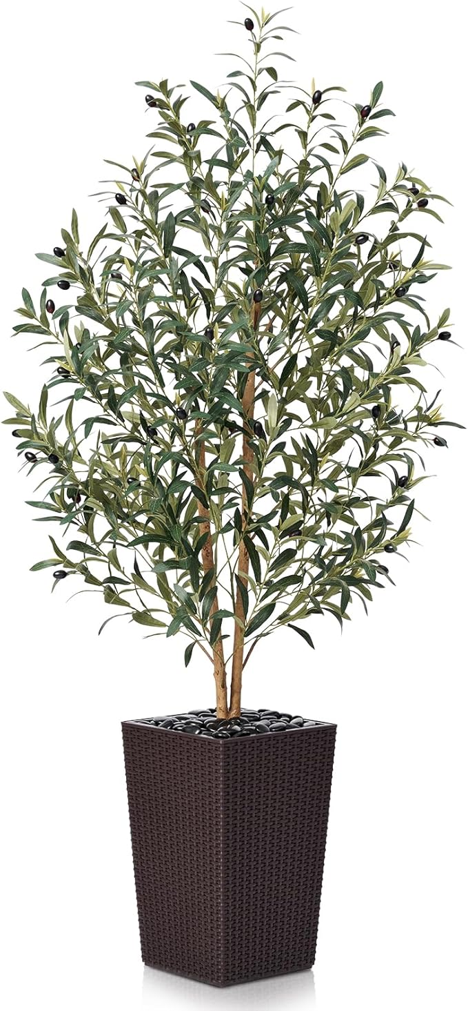 OAKRED Artificial Olive Tree 5FT Faux Olive Tree - Adjustable Branches UV Resistant with Brown Taper Planter and Pebbles - Faux Plants Indoor for Living Room, Office Decor and Bedroom