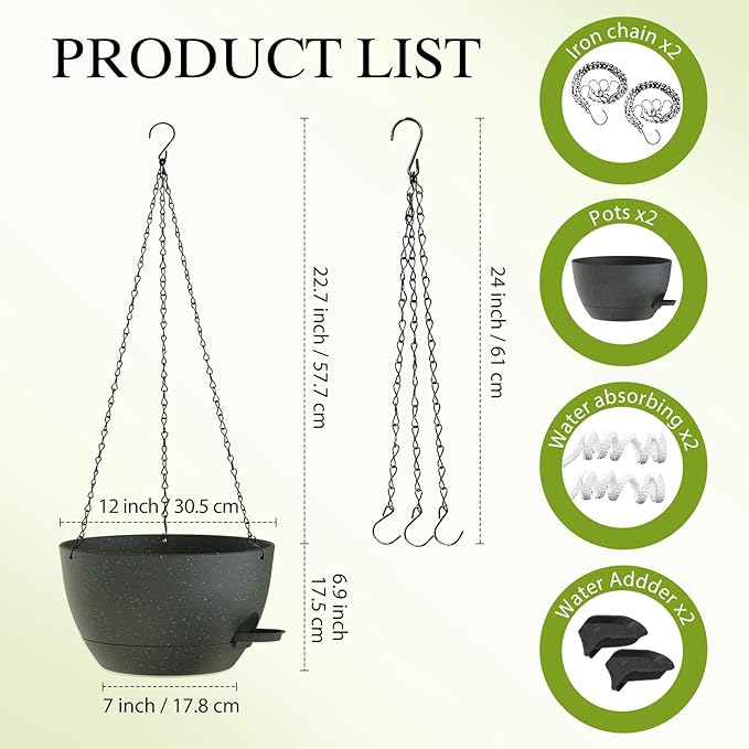 SQKH 12 Inch Hanging Baskets 2 PC with Chains, Self-Watering Hanging Planters for Indoor Outdoor Plants, Plastic Hanging Flower Pots, Black with Green Speckles