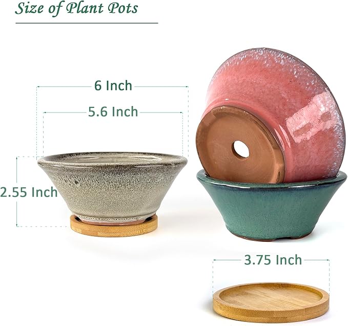 Summer Impressions 6 Inch Glazed Terracotta Succulent Pot Planter Small Plant Pot with Drainage Hole and Bamboo Saucer Cactus Ceramic Pot Set of 3 (Light Green Pink White)