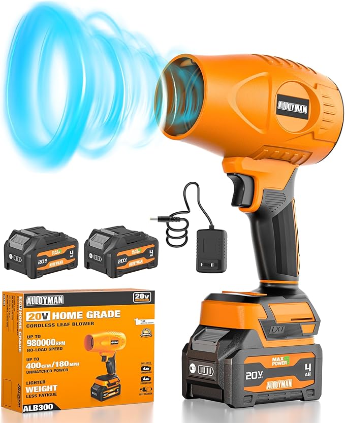 ALLOYMAN 20V Cordless Leaf Blower, 980000RPM Handheld Leaf Blower Cordless with Battery and Charger, Adjustable Speed Lightweight Blowers for Lawn Care, Patio, Leaves & Dust Cleaning