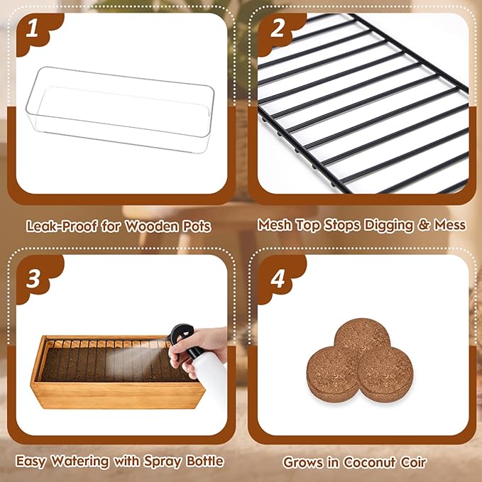 Wooden Cat Grass Planter,Cat Grass Kit for Indoor Cats with Anti-Digging Grid, Potting Soil Disks,Watering Bottle and Removable Plastic Liner,Wheat Grass Growing Pot