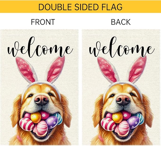 Welcome Easter Garden Flag Dog Spring Seasonal Eggs Sign Yard Holiday Outdoor 12x18 Inch Small Burlap Double Sided flags Decorations