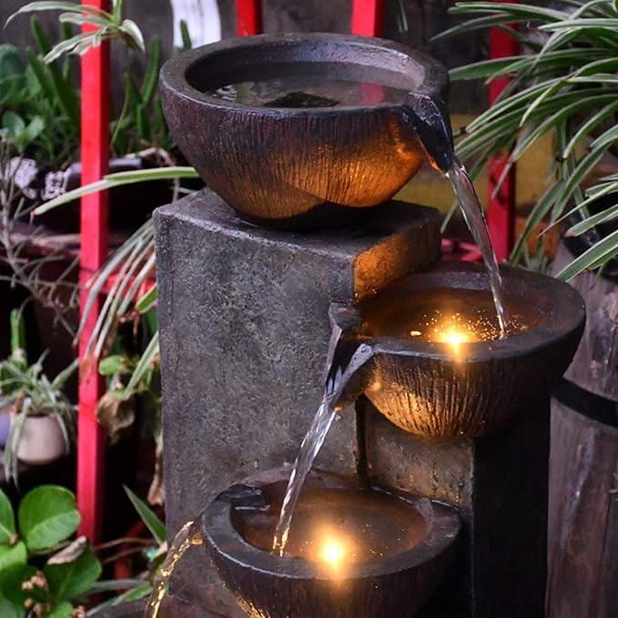 SunJet 5-Tier Outdoor Water Fountain Resin Fountain Decor with LED Lighting Natural Polyresin Looking Stone Decor for Garden Patio Fold Court Yard Deck 12.99" L x 13.78" W x 39.76" H