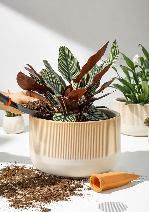 Ceramic Planters - 10+12 Inch Large Pots for Indoor & Outdoor Plants, Modern Flower Pots with Drainage Holes and Self Watering Devices, House Beige Big Plant Pot, Set of 2