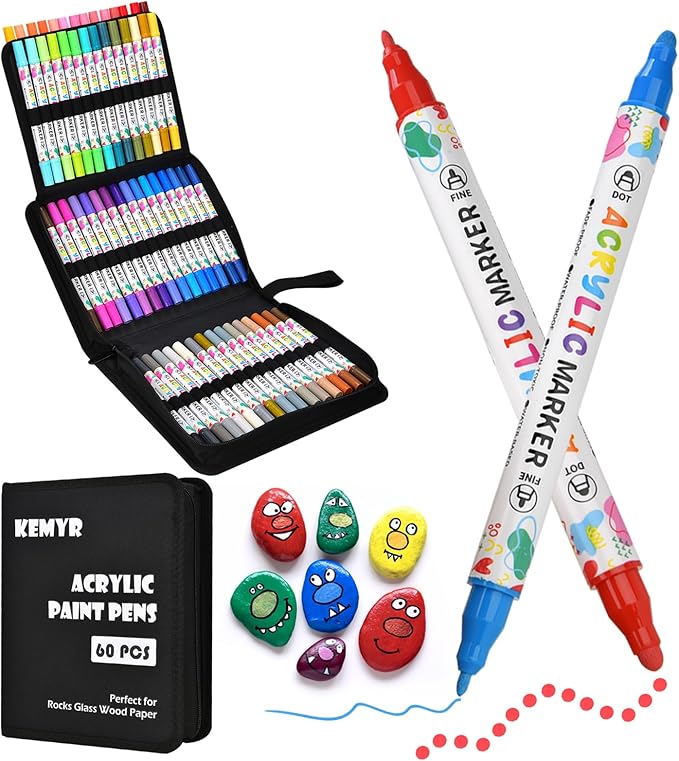 KEMYR 60 Colors Acrylic Paint Pens, Dual Tip Acrylic Paint Markers for Paper, Wood, Canvas, Stone, Rock Painting, Glass, Fabric, DIY, Ceramic, Art Supplies for Adults Drawing (Dot + Fine)