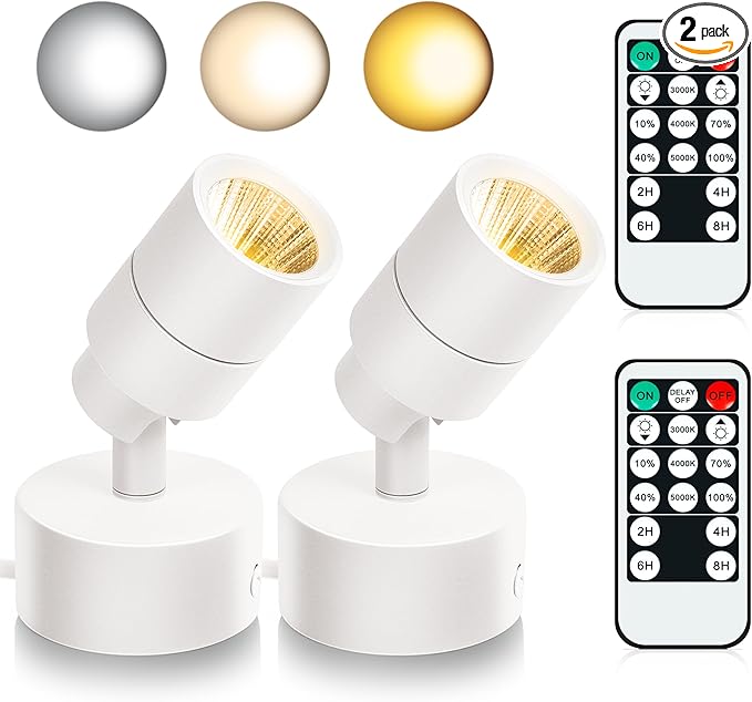 2 Pack LED Spot Lights Indoor, 5W Uplighting with Remote Control Dimmable & Timer, Uplights Indoor Floor Spotlights with 3 CCT, Accent Lighting Stick on Wall Light for Plants Picture Artwork, White
