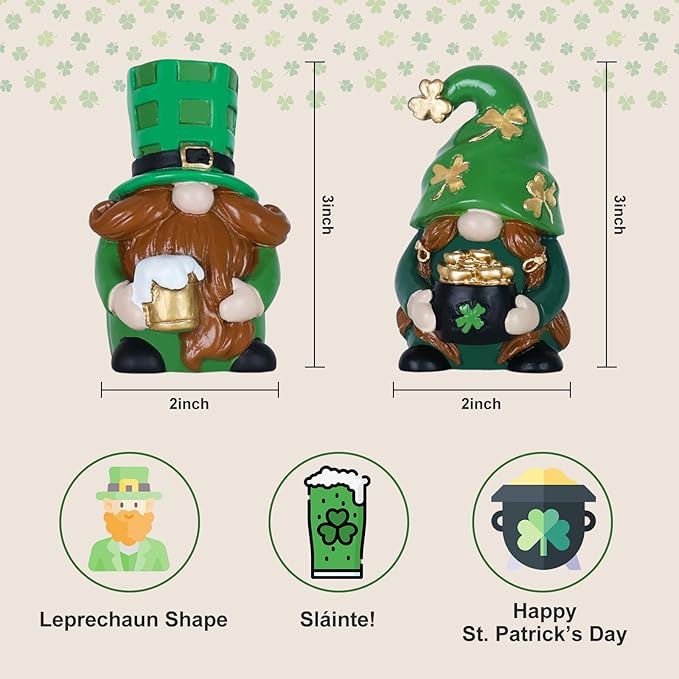 MEETYAMOR St Patricks Day Decorations, 2 PCS Handmade Gnome Resin Figurine for St Patricks Day Decor, Irish Green Clover Leprechaun Figurines Standing for Home Table, Mantel, Shelf