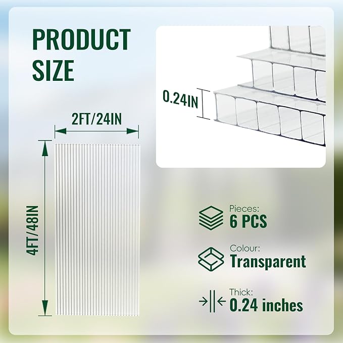 6 Pcs Polycarbonate Greenhouse Panels, 4'FT x 2'FT x 0.24" in Twin-Wall Polycarbonate Sheet, All-Season UV Protected Plastic Roof Sheeting for Greenhouse Covering/Outdoor Garden